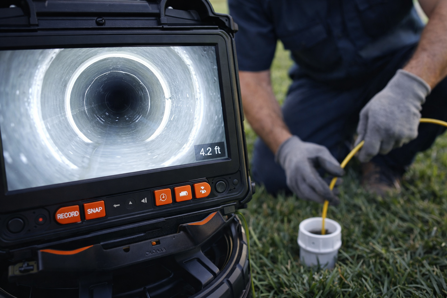 A technician uses a camera probe to inspect a residential sewer pipe, viewing the live feed on a portable monitor.