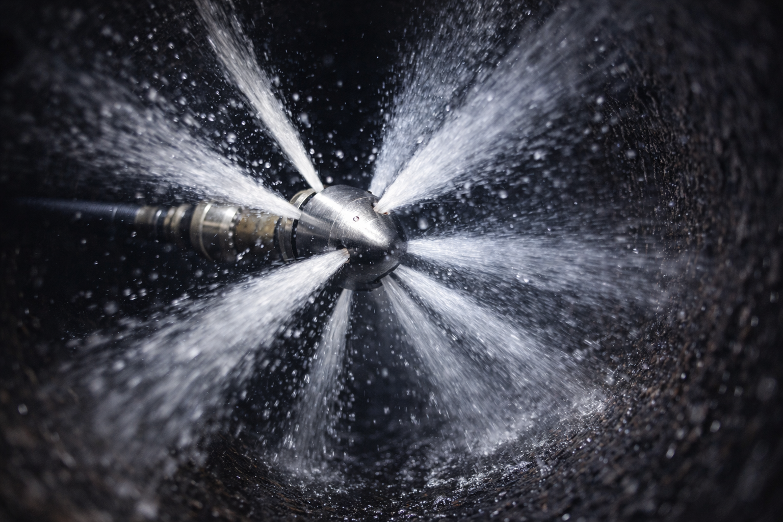 A high-pressure cleaning nozzle spraying water in multiple directions inside a dark pipe.