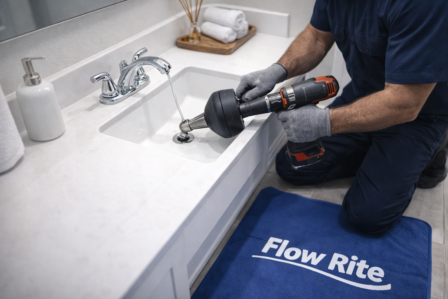 A technician in a blue uniform uses a handheld drain auger to clear a clog in a white bathroom sink.
