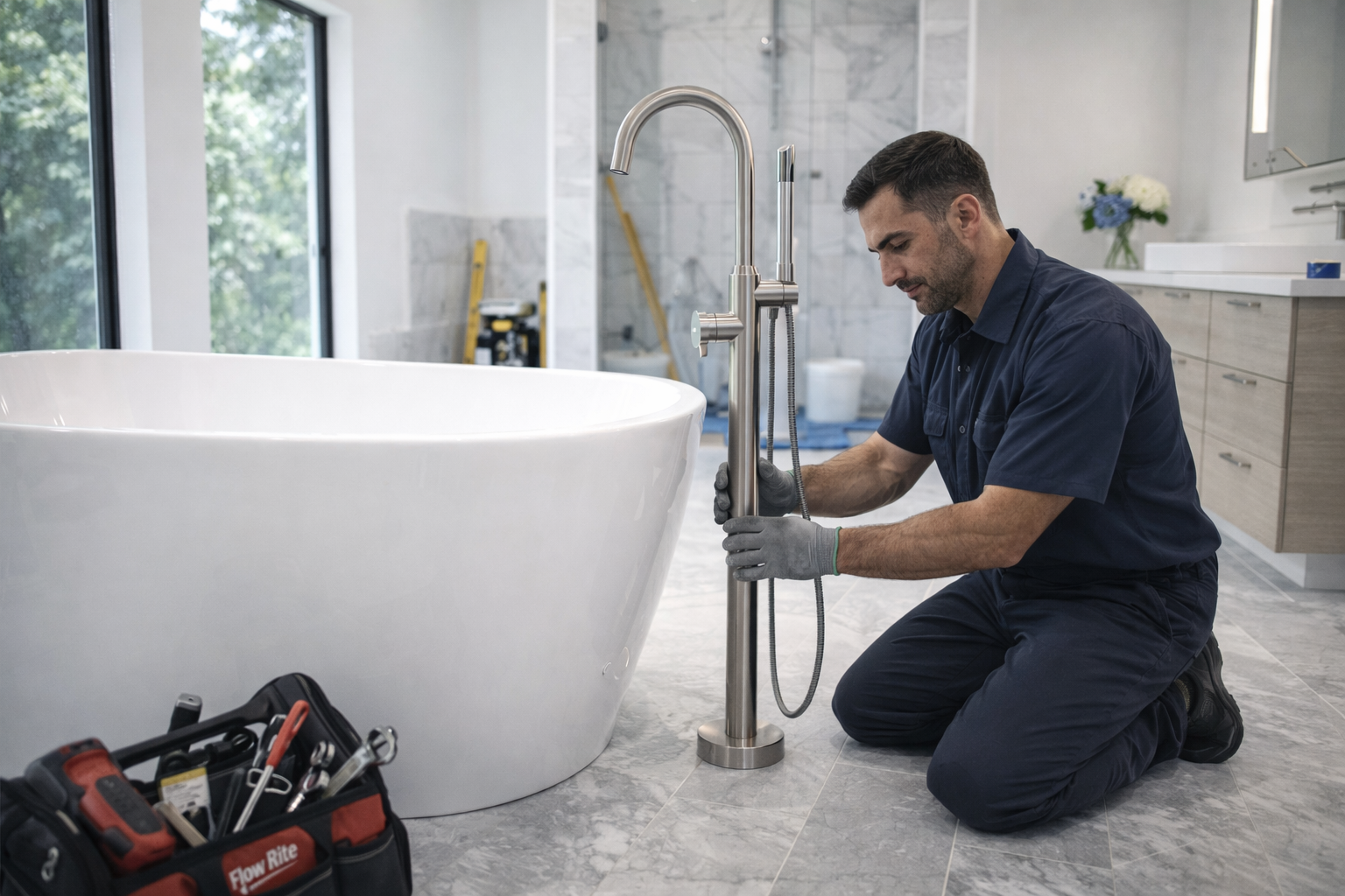 A plumber in a navy uniform kneels on a tiled floor, installing a stainless steel floor-mounted faucet next to a bathtub.