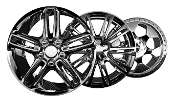 Three polished chrome car wheels of different designs displayed in a row against a white background.