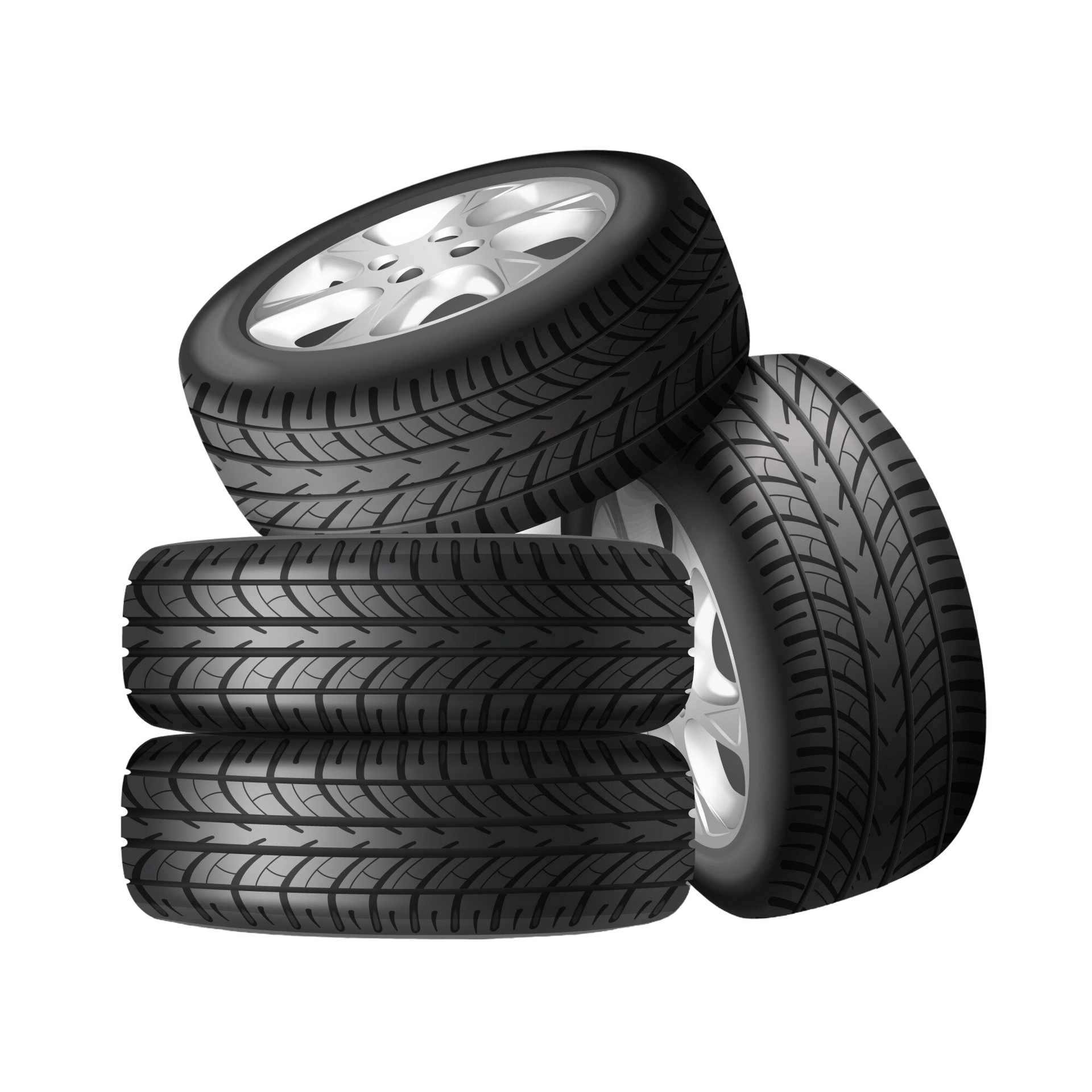 A stack of four black tires with silver rims on a white background.
