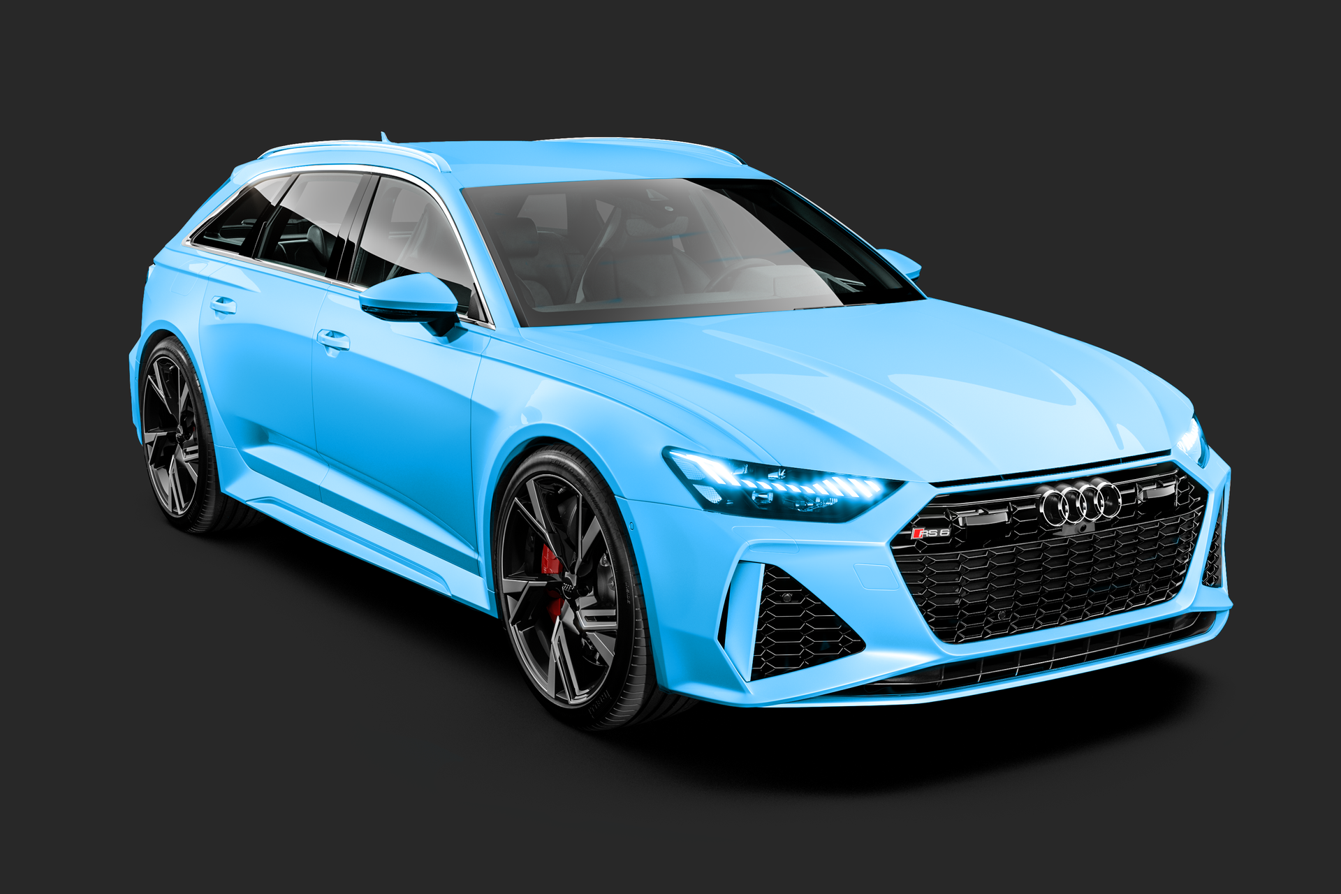 Light blue Audi RS 6 Avant, black wheels, against a dark background.