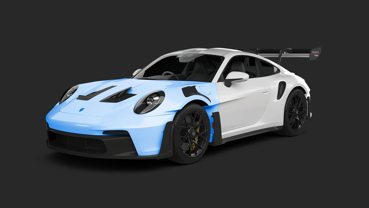 A white and yellow sports car on a black background.