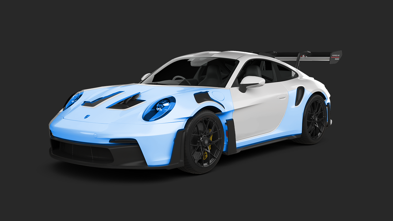 A yellow and white sports car on a black background.