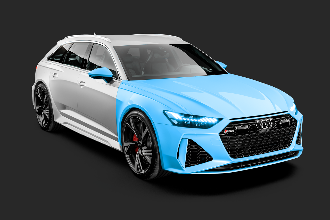 Audi RS 6 Avant, half painted light blue, half white, on dark gray background.