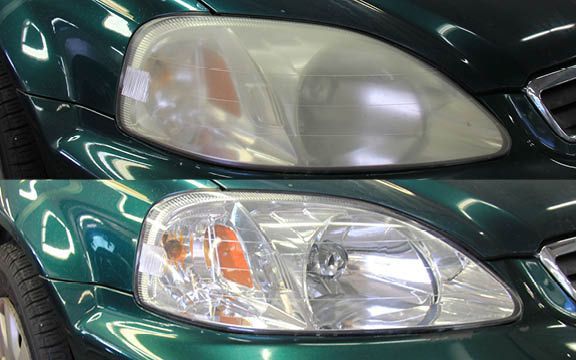 Headlight restoration: Foggy headlight before, clear headlight after, on green car.