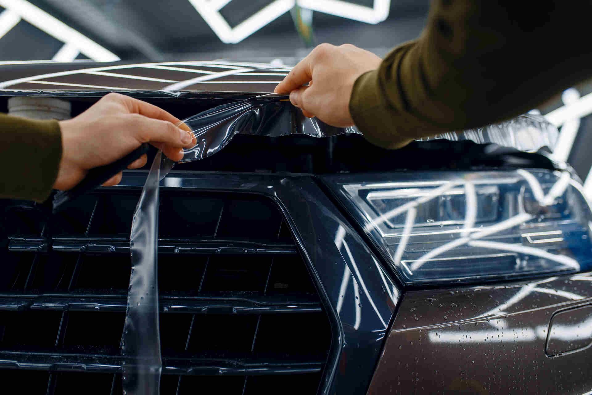 Hands applying clear protective film to a car's black grille and headlight.