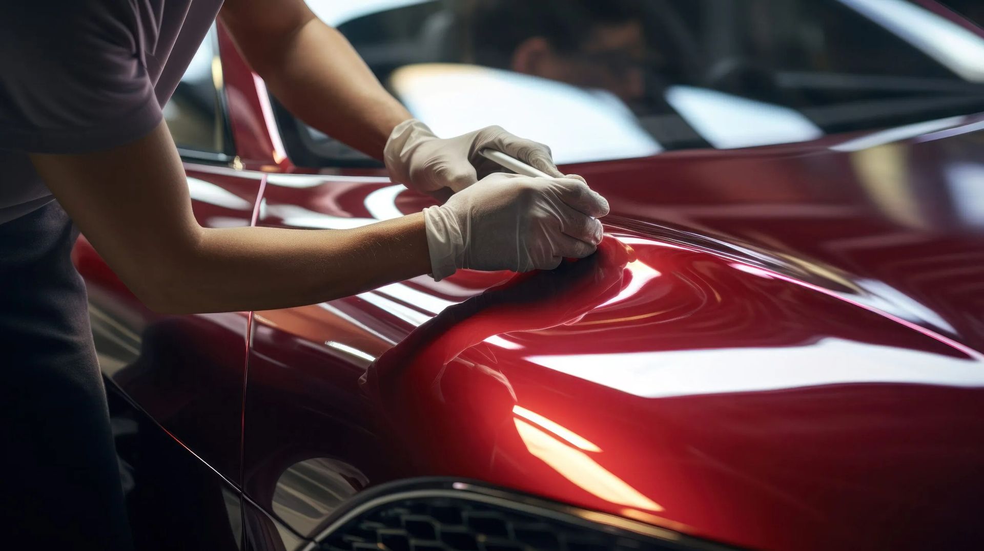 Person in gloves polishing red car hood.