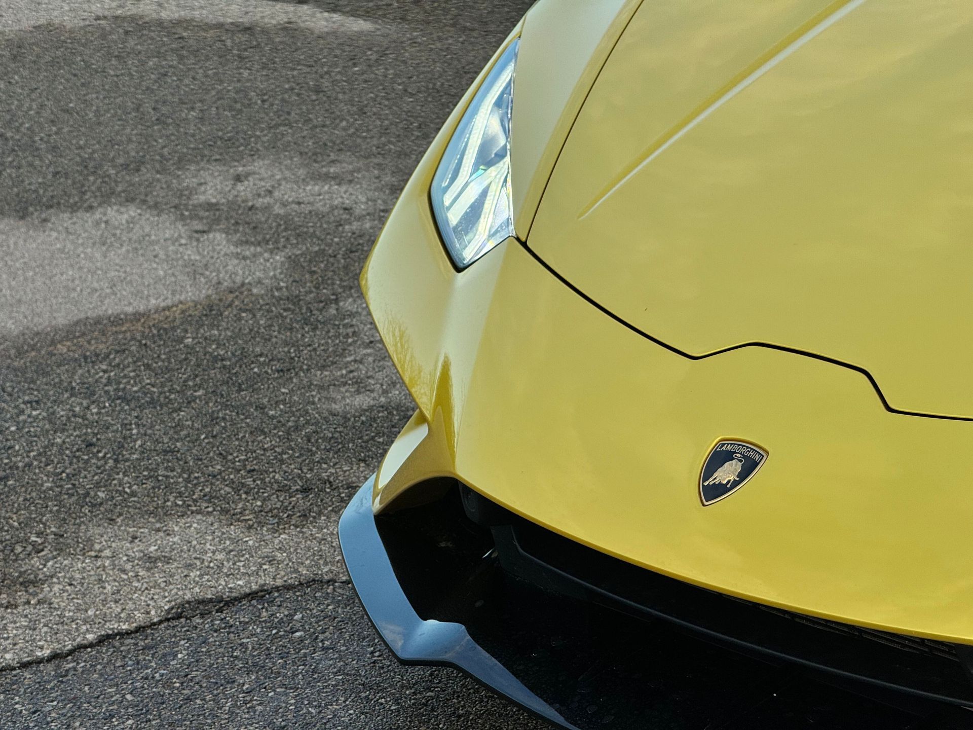 Yellow Lamborghini sports car's front with black trim, and Lamborghini logo.