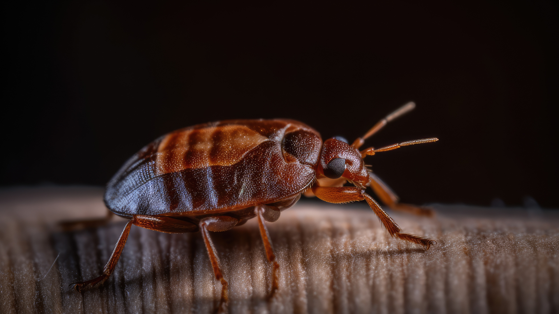 A close up of a bed bug on a piece of wood