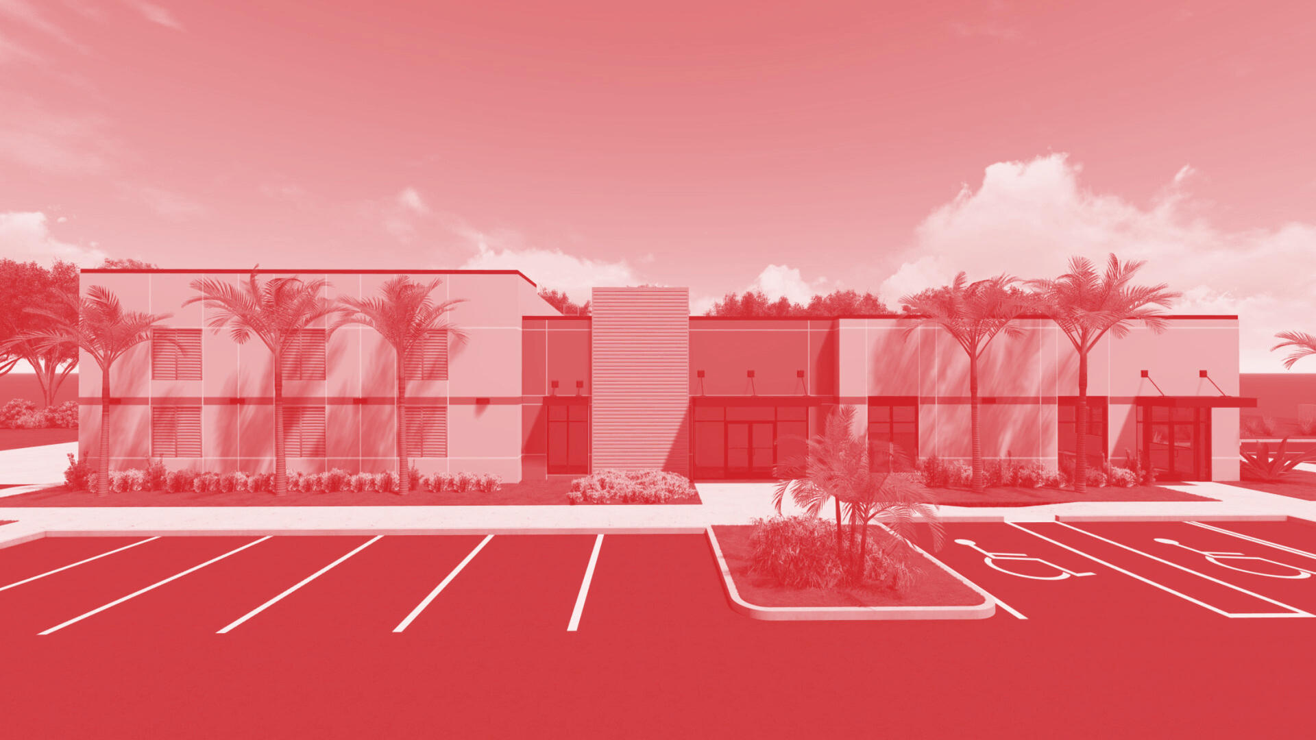 A red and white photo of a commercial building by arcwerks with a parking lot in front of it.