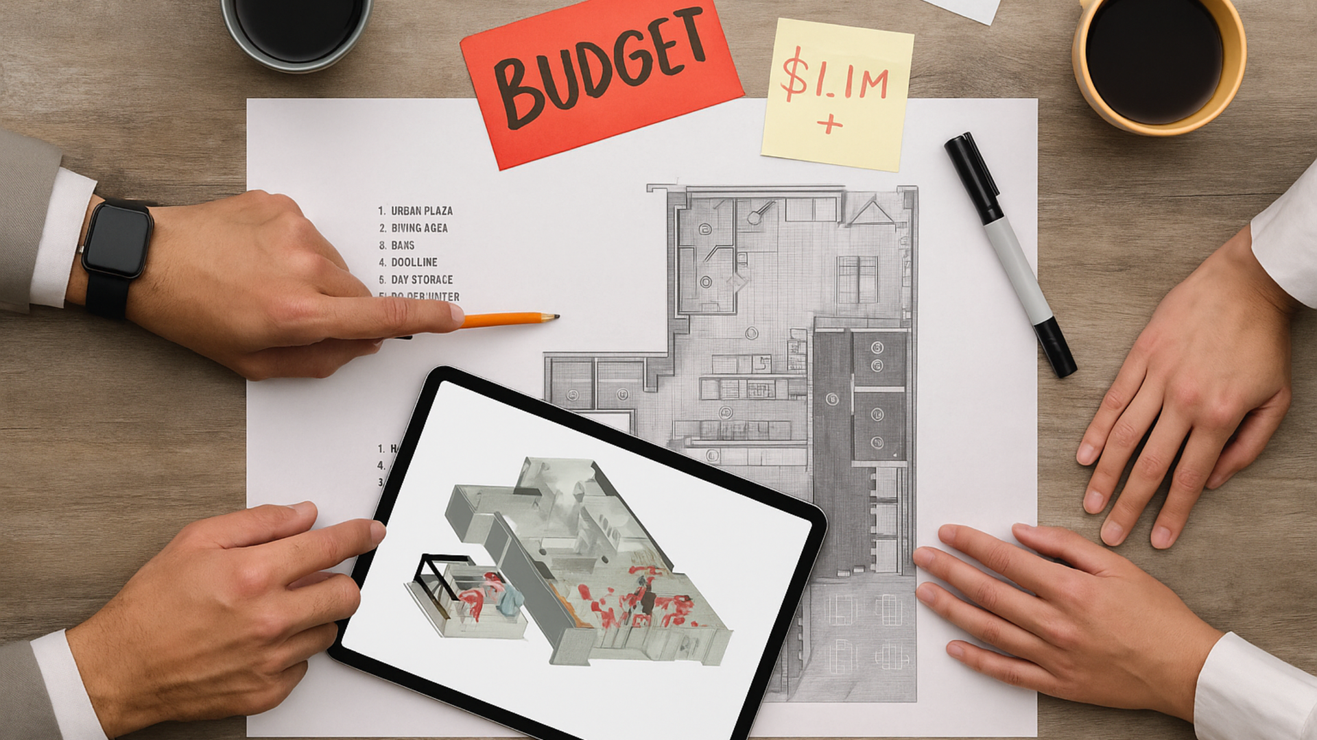 A person is holding a light bulb in front of a budget sheet.