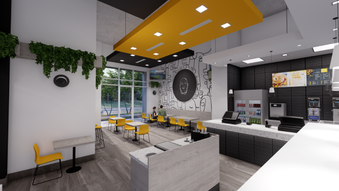 A rendering of a restaurant with tables and chairs and a yellow ceiling.