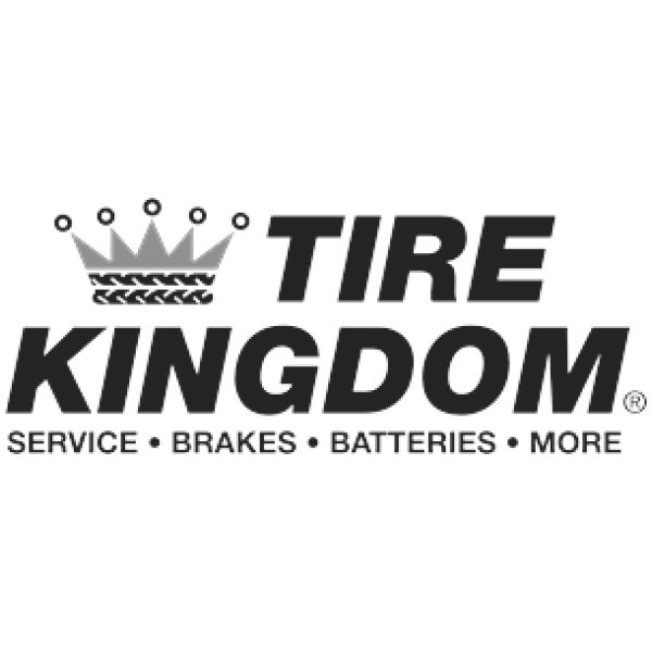A black and white logo for tire kingdom service brakes batteries and more