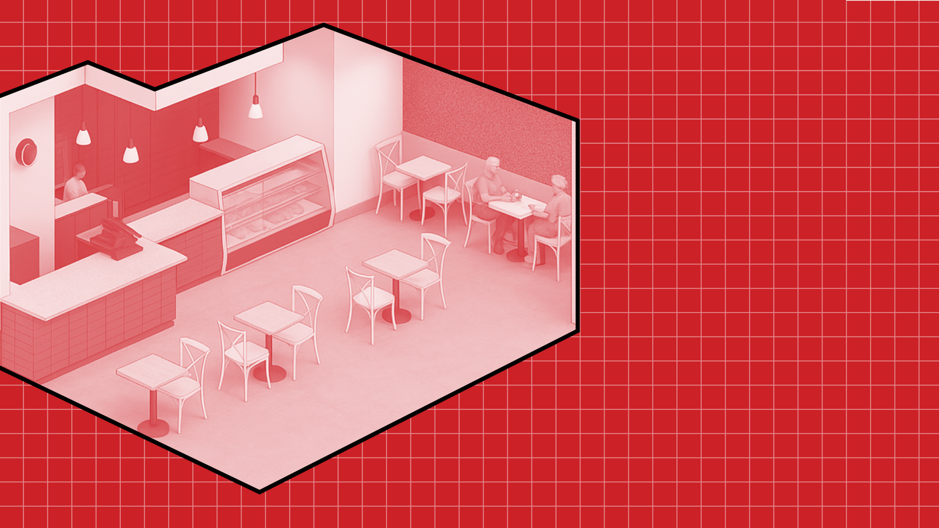 An isometric view of a restaurant with tables and chairs.
