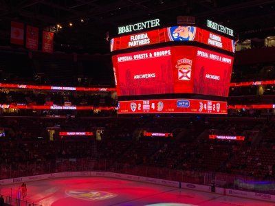 A hockey game is being played at the nba center