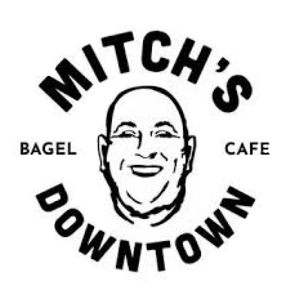 A black and white logo for mitch 's downtown bagel cafe