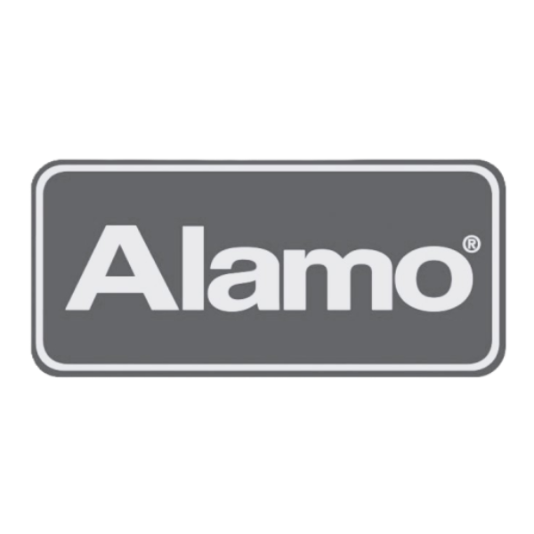 A gray and white logo for alamo on a white background.