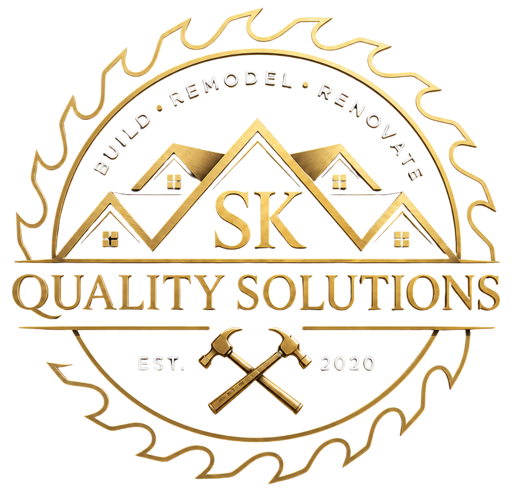 Gold circular logo for SK Quality Solutions with house rooftops, crossed hammers, and build renovate text