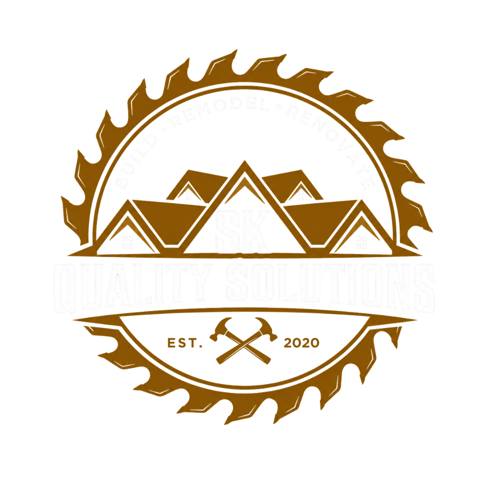 Gold circular logo for SK Quality Solutions with house rooftops, crossed hammers, and build renovate text