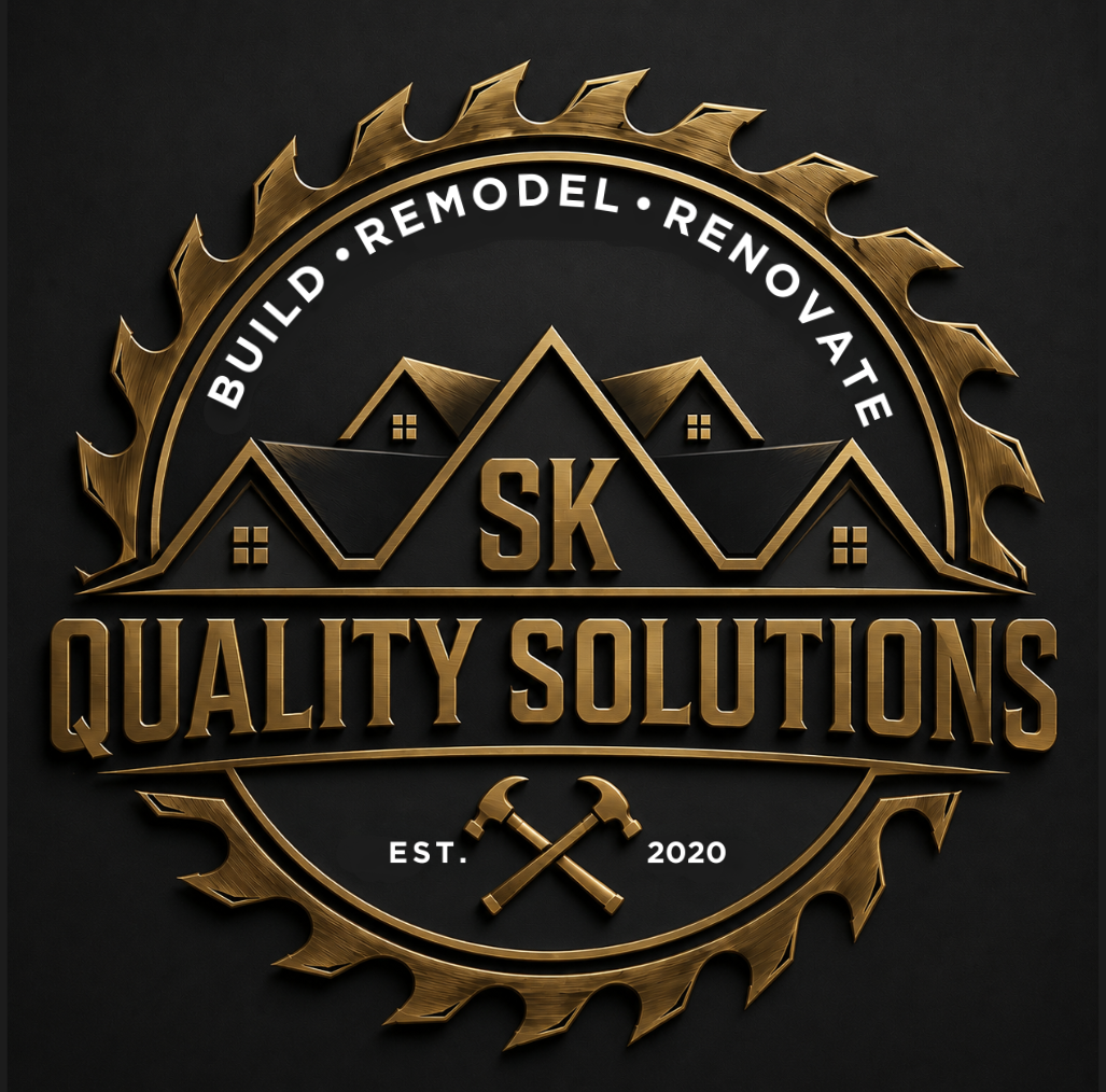 Gold circular logo for SK Quality Solutions with house rooftops, crossed hammers, and build renovate text