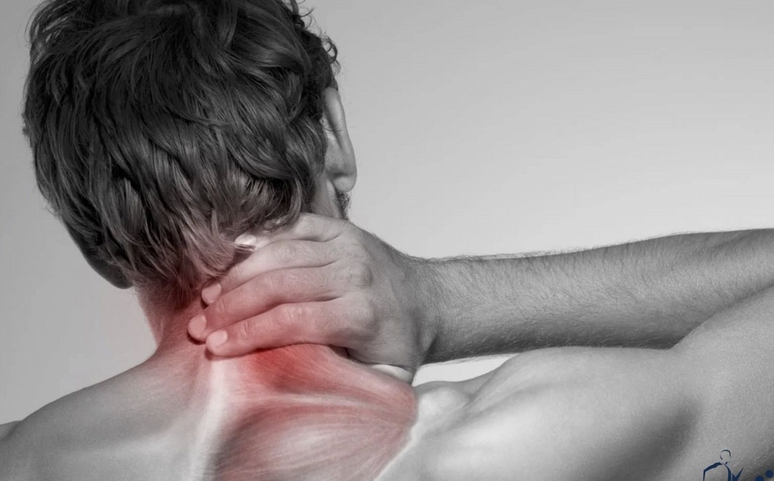Man with hand on neck, red highlighted area indicates pain. Black and white background.