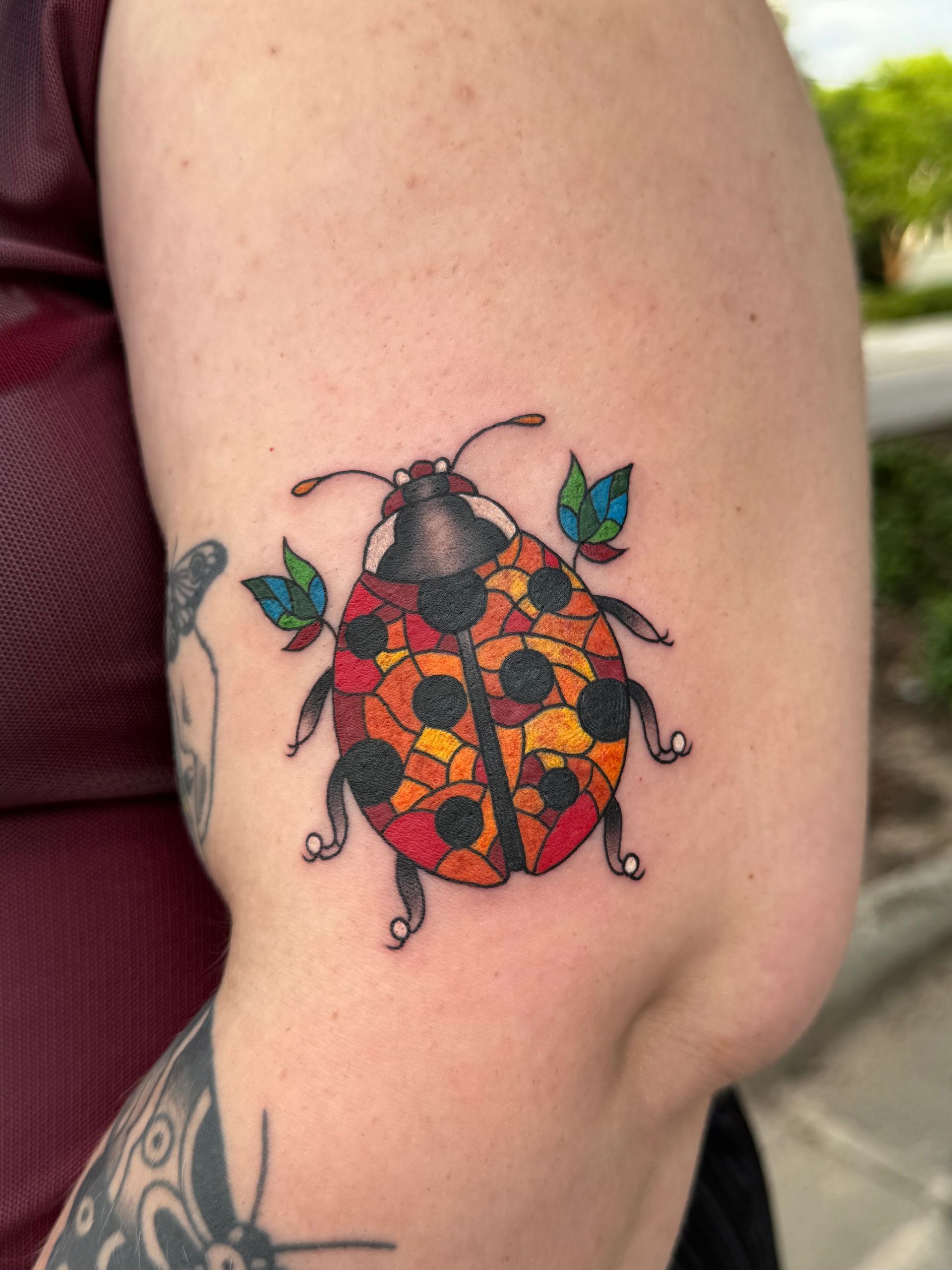 Colorful blue butterfly tattoo with star details on forearm.
