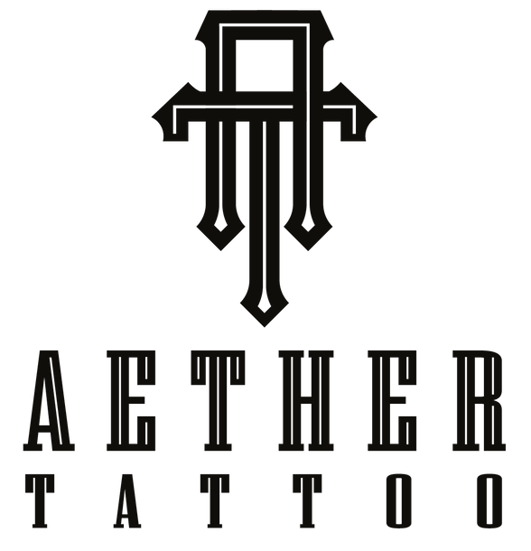 Aether Tattoo logo with a stylized cross, representing Raleigh's premier tattoo shop.