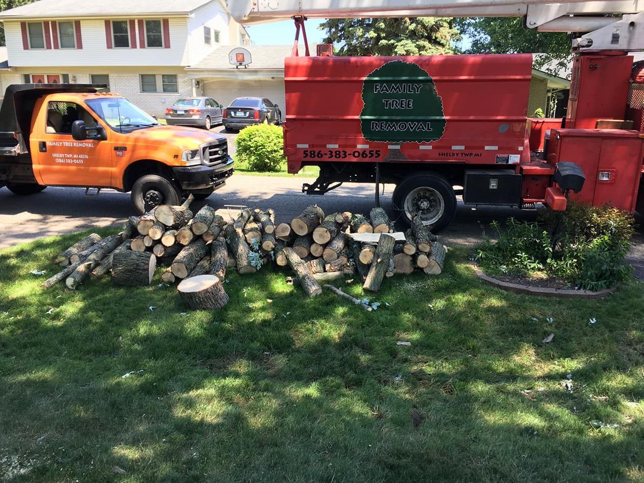 A truck is parked in front of a pile of logs.