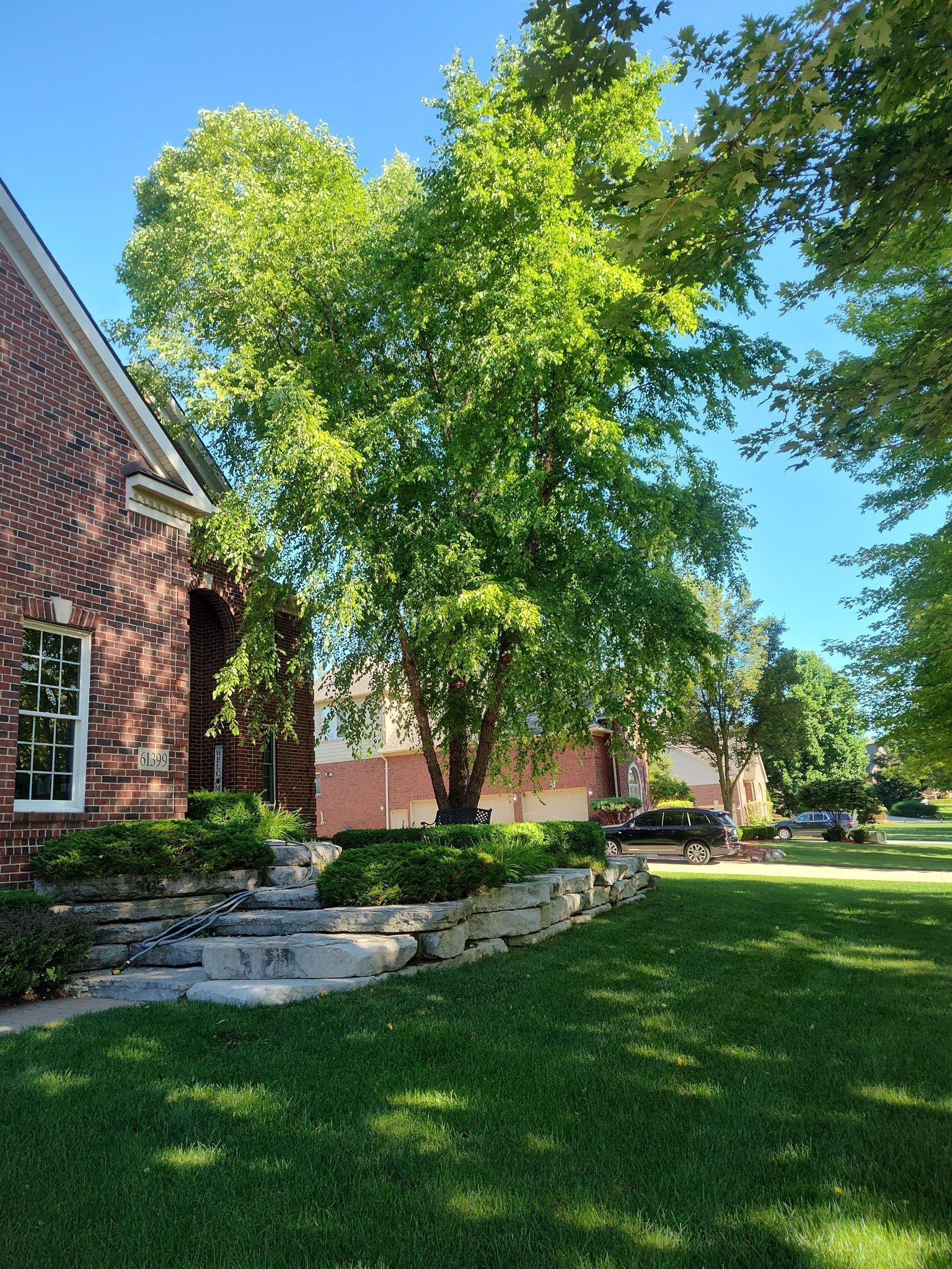 A brick house with a lush green lawn in front of it
