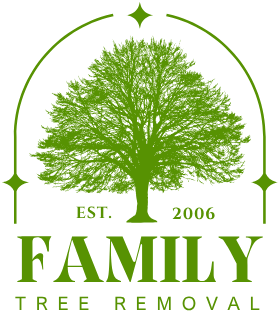 A logo for family tree removal with a tree in the center
