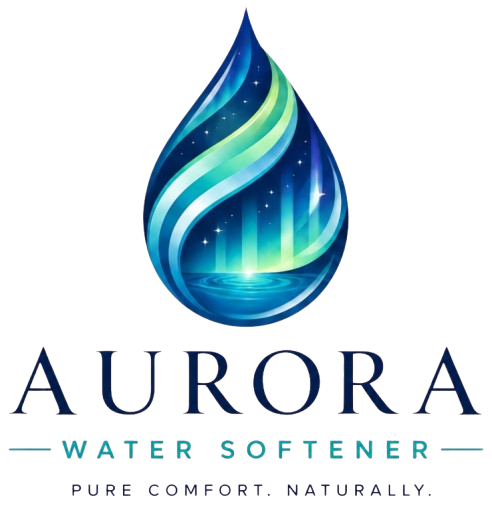Aurora Water Softener Logo with Aurora-Inspired Water Droplet, Ripple Graphic, Sparkle Details, and Company Name Aurora, IL