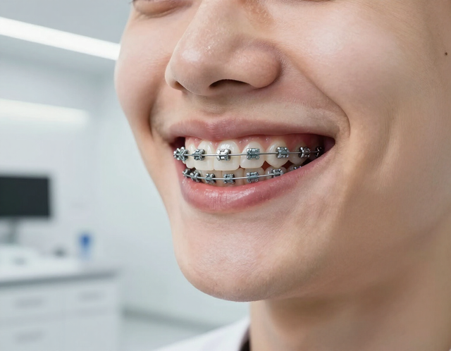 Paciente con brackets metálicos en clínica odontológica
