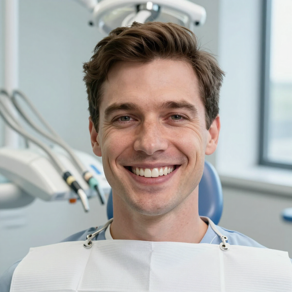 Una persona sonriente, con un babero dental, sentada en un sillón dental con el equipo al fondo.