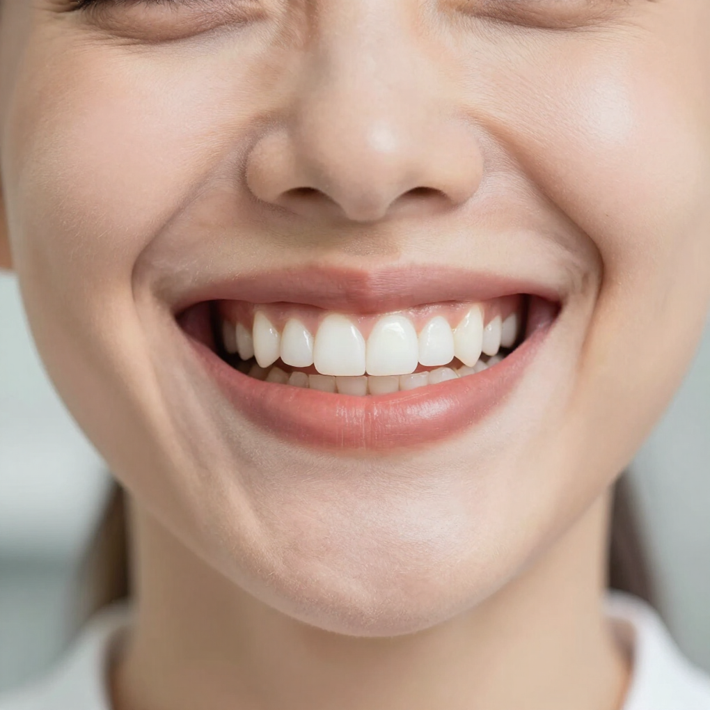 Primer plano de una persona sonriendo, mostrando dientes y labios blancos y rectos.