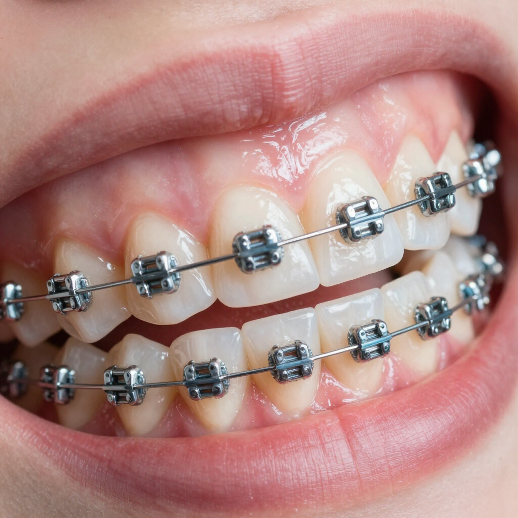 Vista de cerca de los dientes con aparatos de ortodoncia metálicos en las arcadas superior e inferior.