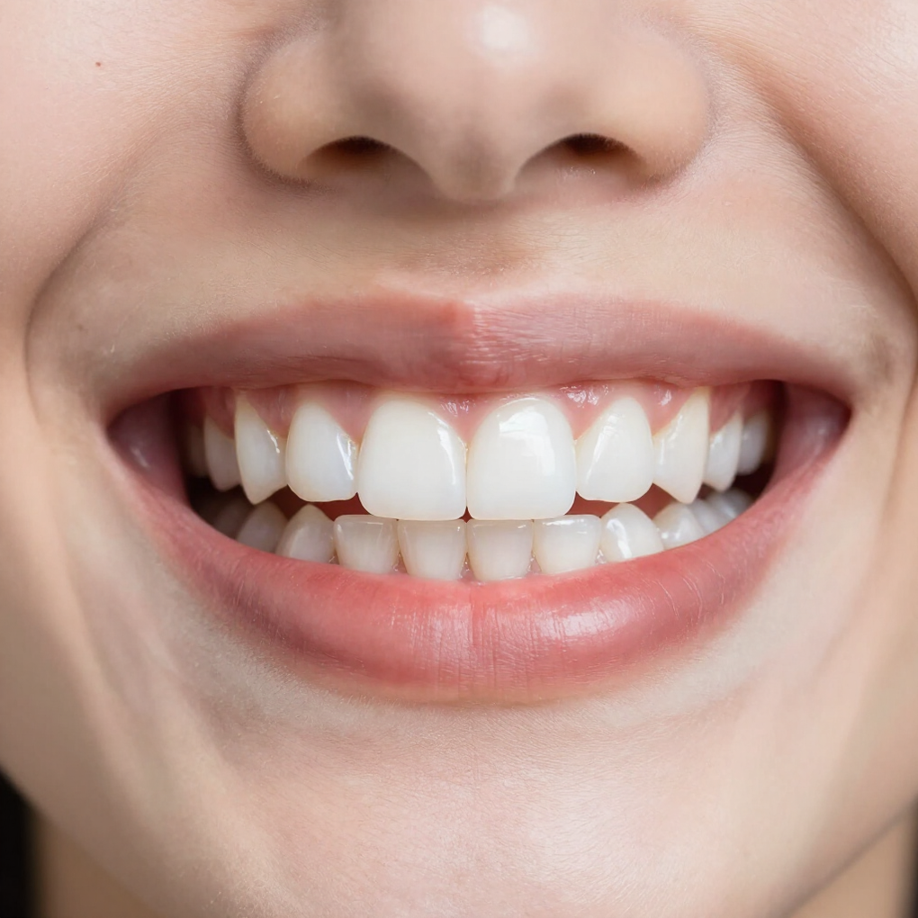 Primer plano de una boca sonriente que muestra dientes limpios y blancos y encías sanas.