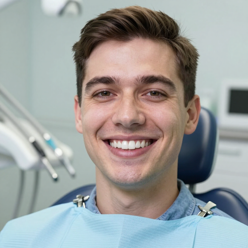 Una persona sonriente sentada en un sillón dental, con un babero azul de paciente, en un entorno clínico.