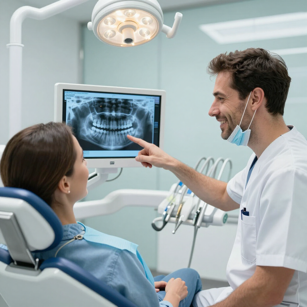 Un dentista con bata blanca le explica a un paciente sentado en una silla una radiografía dental digital que aparece en la pantalla de un ordenador.
