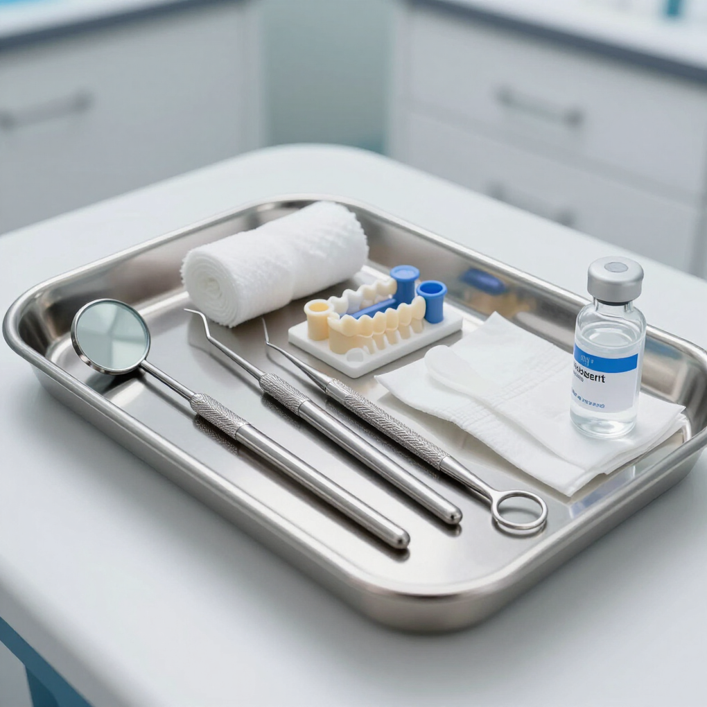 Una bandeja dental de acero inoxidable que contiene un espejo bucal, exploradores, instrumental dental, gasas y una botella de líquido transparente.