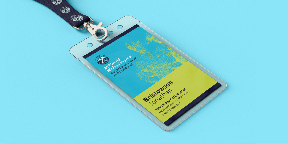 Branding applied to a 23rd World Mining Congress exhibition pass – one of the brand aplications for the conference