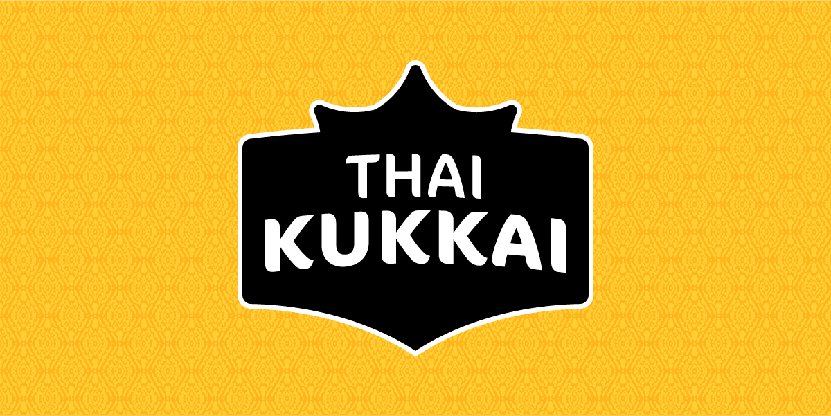 Branding logo for Thai Kukkai against a yellow pattern background