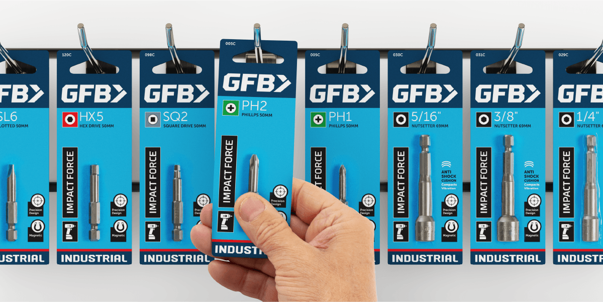 GFB product packs with the re-branded logo. A person is choosing one of the packs, taking it off a rack