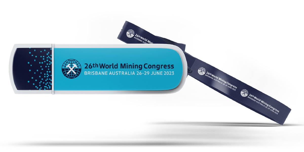 A USB stick with 23rd World Mining Congress branding and bright and dark blue colours