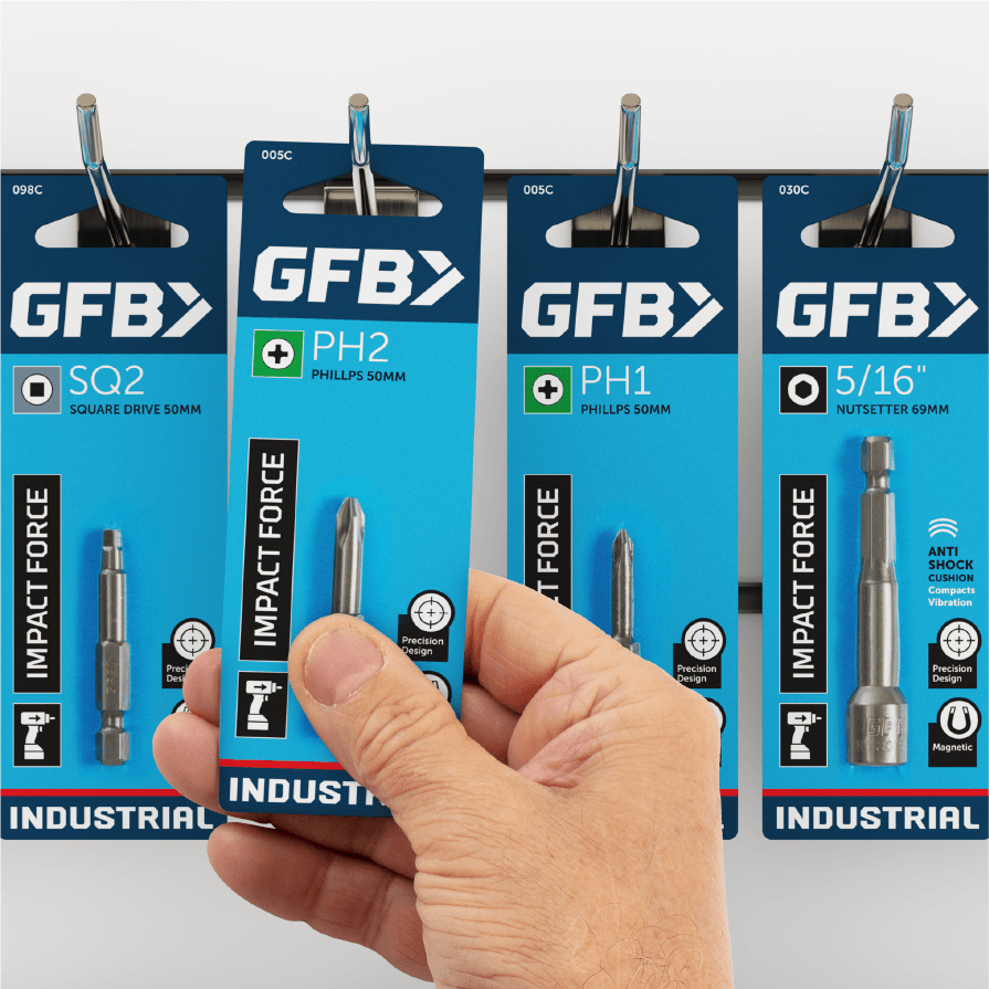 Branding elements on GFB packaging. A driver bit product is being selected.