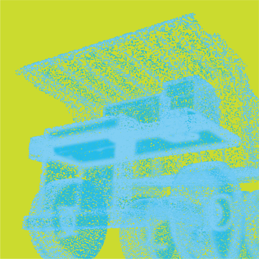 A bright blue point cloud image of a mining truck against a vibrant green background – branding by Willmore Design