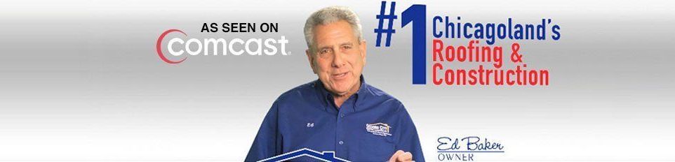 A man is standing in front of a sign that says # 1 chicagoland 's roofing & construction