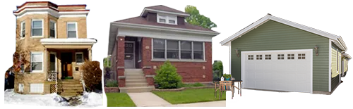 Three houses and a garage are shown on a white background