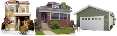 Three houses and a garage are shown on a white background